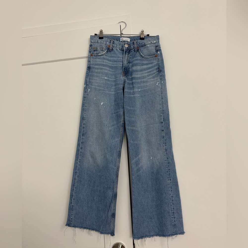 Zara Wide Straight Jeans Size 2 Fringed Hem - Picture 14 of 14